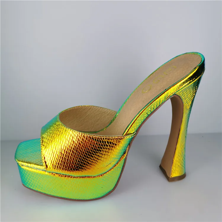 Platform flared block heel metallic green faux leather slipper sandals shoes