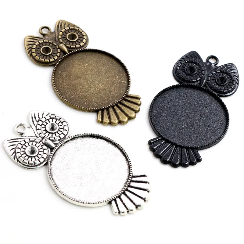 30mm Inner Size Antique Silver Plated Black Bronze Owl Pendant Blank Cabochon Base Setting Charms Pendant Trays