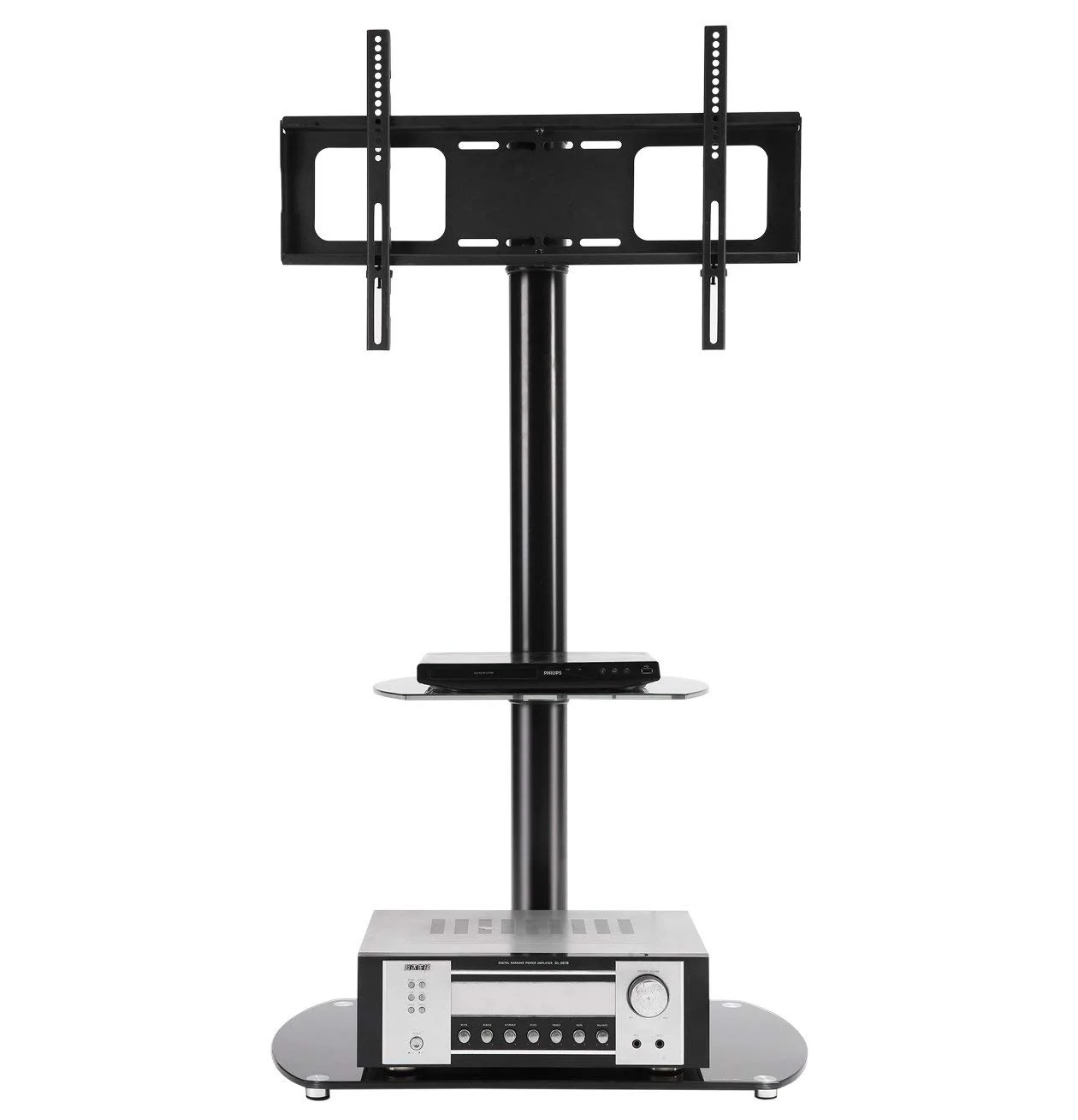 Height and Angle Adjustable Multi-Function Tempered Glass Metal Frame Floor With Lockable Wheels Mobile TV Stand