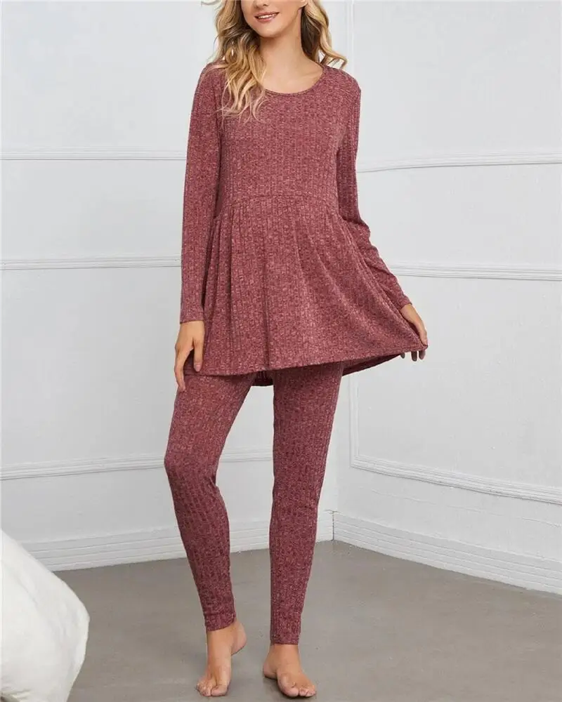 
M046 Long Sleeve Ruffle Hem Top and Sweatpants Loungewear Pajama Maternity Pant Set 