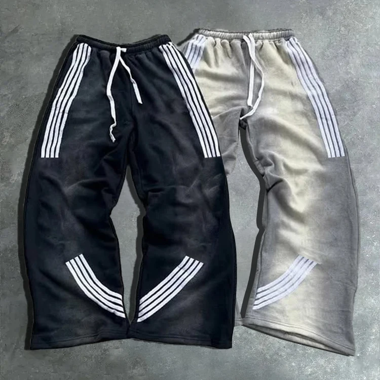 Custom Streetwear Stripe Sweatpants Embroidery Logo Acid Wash 100% Cotton Baggy Jogger Flare Sweat Pant For Men