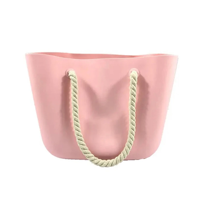 Hot selling open type waterproof silicone tote beach bag branded silicone beach tote bag beach hand bags with cotton strap