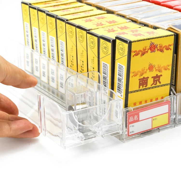 Automatic Adjustable Spring Loaded Tobacco Pack Cabinet Display Smoke Product Divider Tray Lane System Cigarette Shelf Pusher