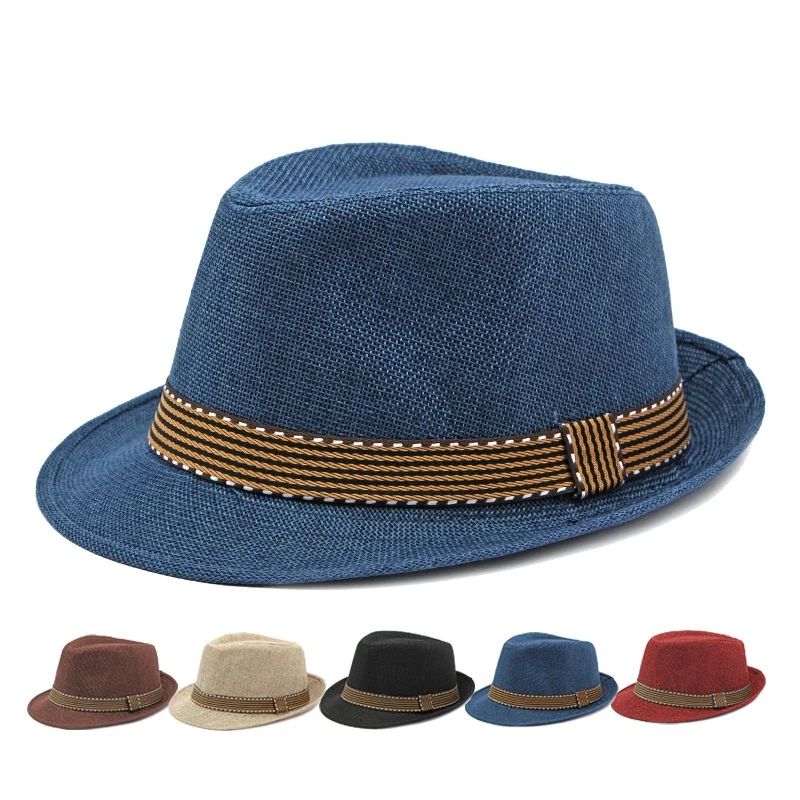 HZM-60866 Straw Fedora Hat for Men Women Short Brim Trilby Hat Classic Panama Summer Beach Sun Hat