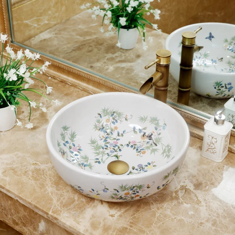 Household Combination Round Art Toilet Countertop Single Basin Bathroom Washing Hand Sink Ceramic Basin