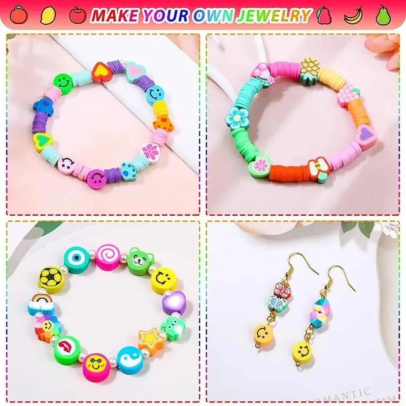 Wholesale 480pcs Fruit Animals Flower Polymer Clay Beads Elastic Crystal Line Jewelry Making Kit DIY Craft Kit For Kids