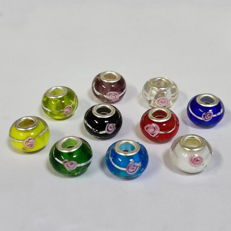 Lampwork Large Hole Silver Foil 12mm Glass Loose Beads DIY Jewelry with Mixed Color Glass Inner Flower Beads