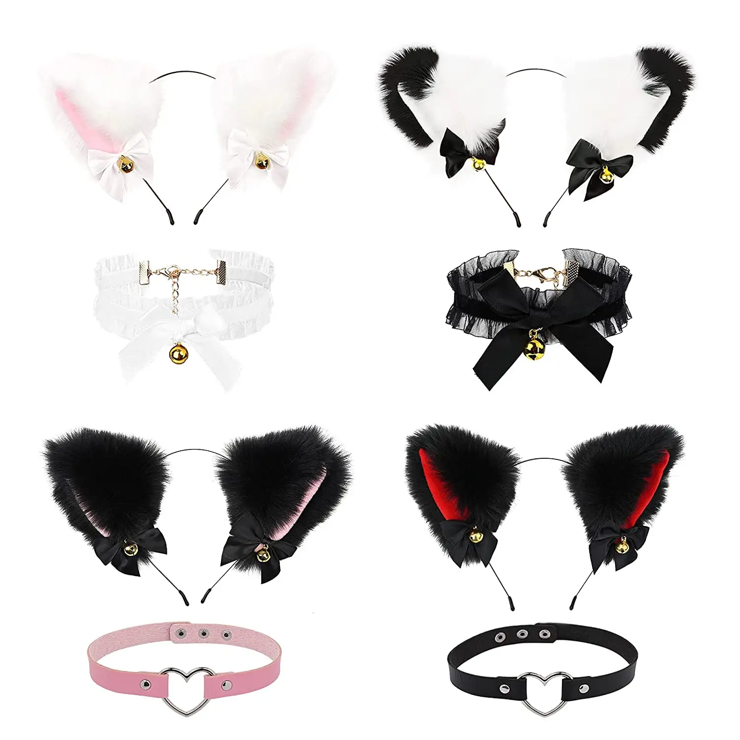 Cosplay Plush Furry Cat Fox Faux Fur Ears Headband Choker Necklace Set Halloween Cosplay Costume Party Accessories