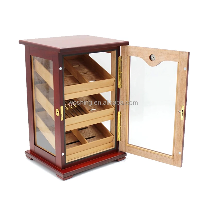 Woshing Customized wooden glass door cigar cabinets raching humidifier hygrometer cigars display humidor cigar cabinet
