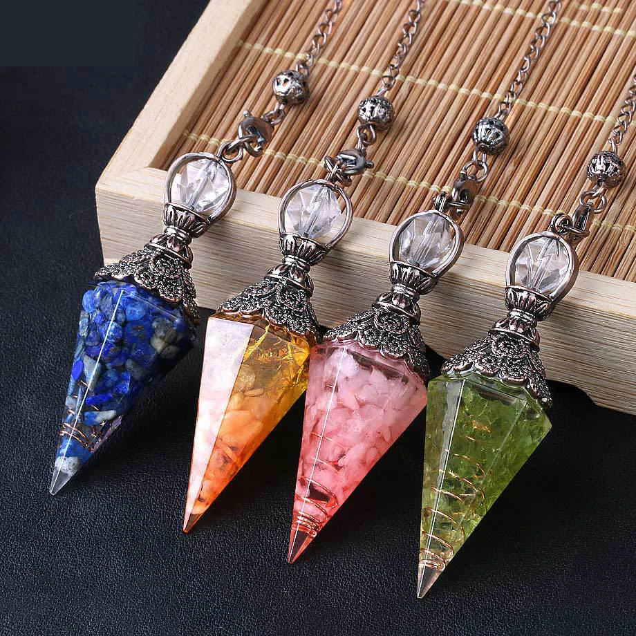 Natural Crystal Pendulums Pendant Resin Spring Hexagon Cone Pendant Bronze Natural Gravel Pendant