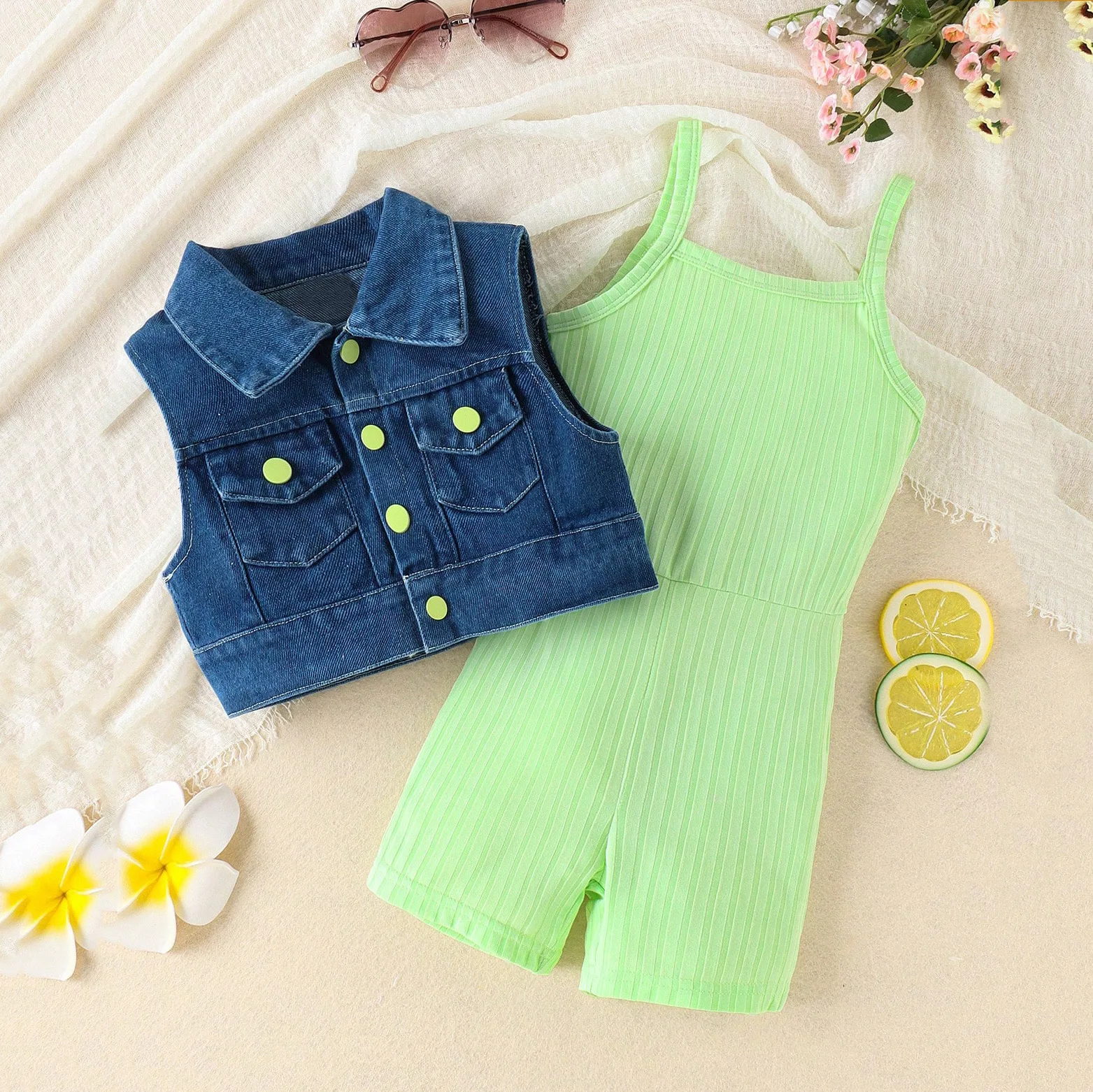 Explosive model Super Fashionable Kids girls clothing Solid color pit strip onesies + denim vests
