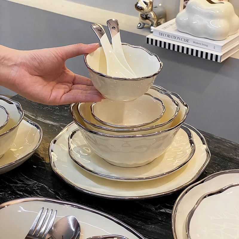 Chinese Porcelain Silver-edged Porcelain Tableware Cream-white Luxury Tableware Set Ceramic Soup Bowl Wedding Gift Plate