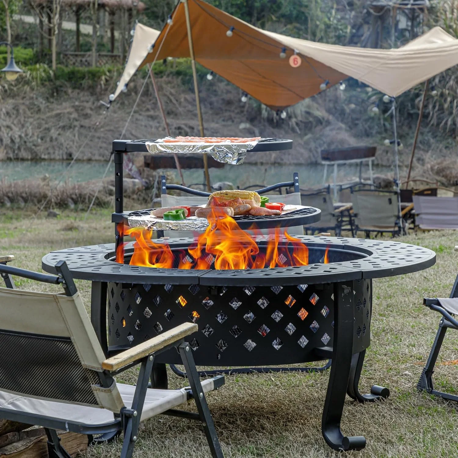Hotsales 42 Inch Fire Pit, 2 BBQ Grills Wood Burning Picnic Party Pits Lid, Fire Poker Outdoor Firepit Outside Round Metal Table