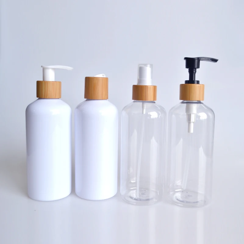 50ml 100ml 250ml 300ml 500ml clear pet white plastic spray pump bottle with nozzle Bamboo wooden lid
