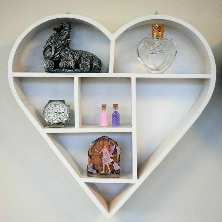Display heart shape grid storage wall shelves wooden Rustic Brown Display Storage Wall Mounted Bookshelf Wooden Floating Shelves