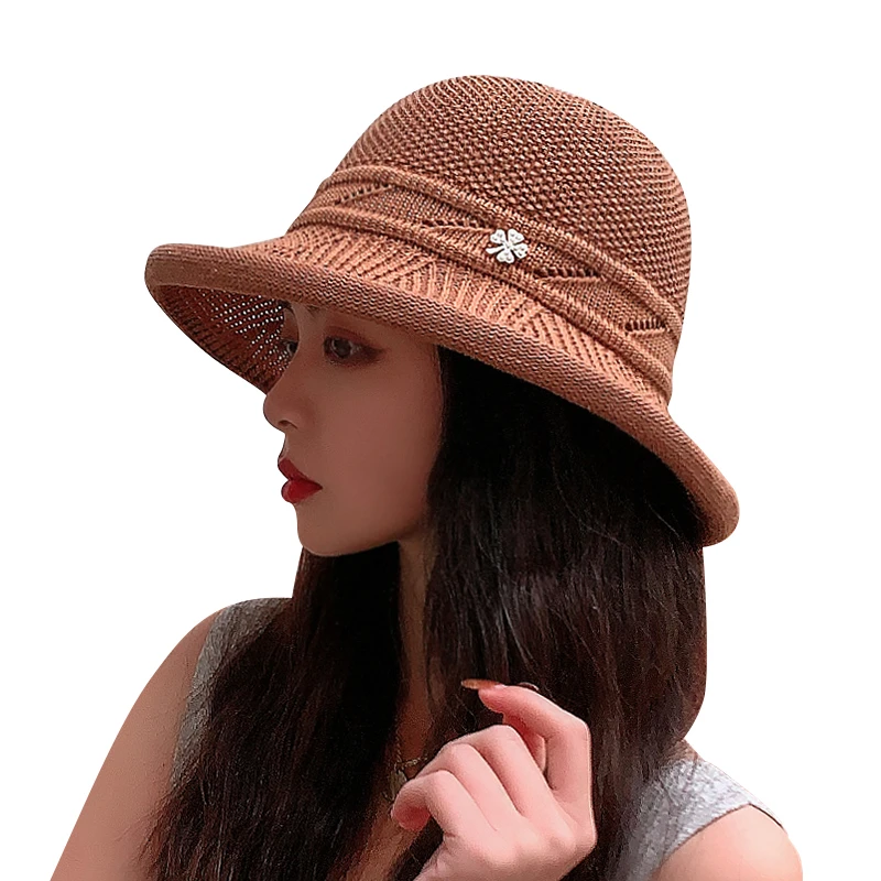 OEM Korean Ladies Fisherman Hat Outdoor Shade Sunscreen Cool Knitted Fashion Beach Basin Cap Bucket Hat Summer Straw Hats 2021