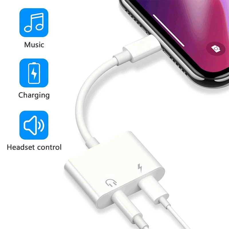 2 In 1 Audio Adapter For iPhone 11 12 Pro Max xXS Aux Jack Headset Lighting 3.5mm To Headphone Splitter Charging Earphone Cable