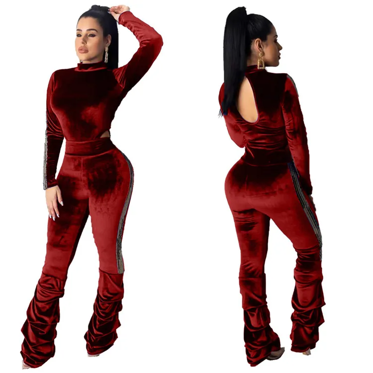 C91925 wholesale ladies velour two piece set longsleeves jumpsuit plus long bottoms 2 piece clothing set winter 2020
