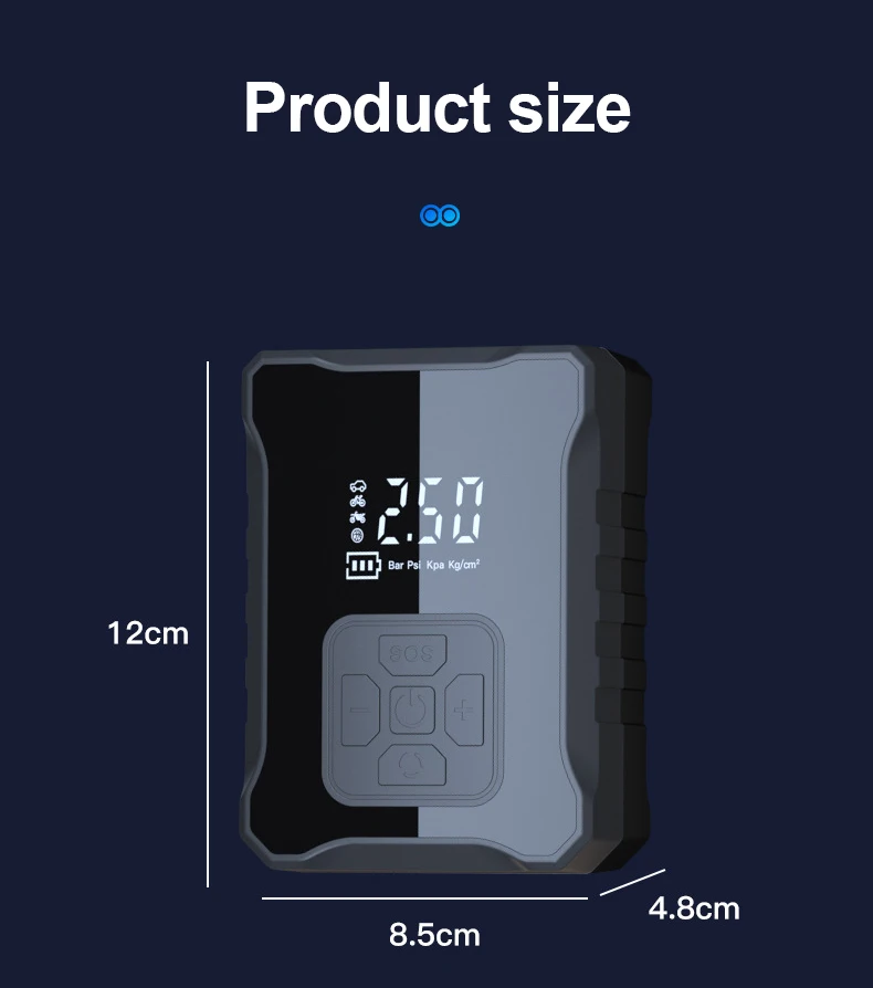 Full Screen Display Tire Inflator Newest Rechargeable Air Compressor 12V Cable USB Charging Line Auto Stop Mini