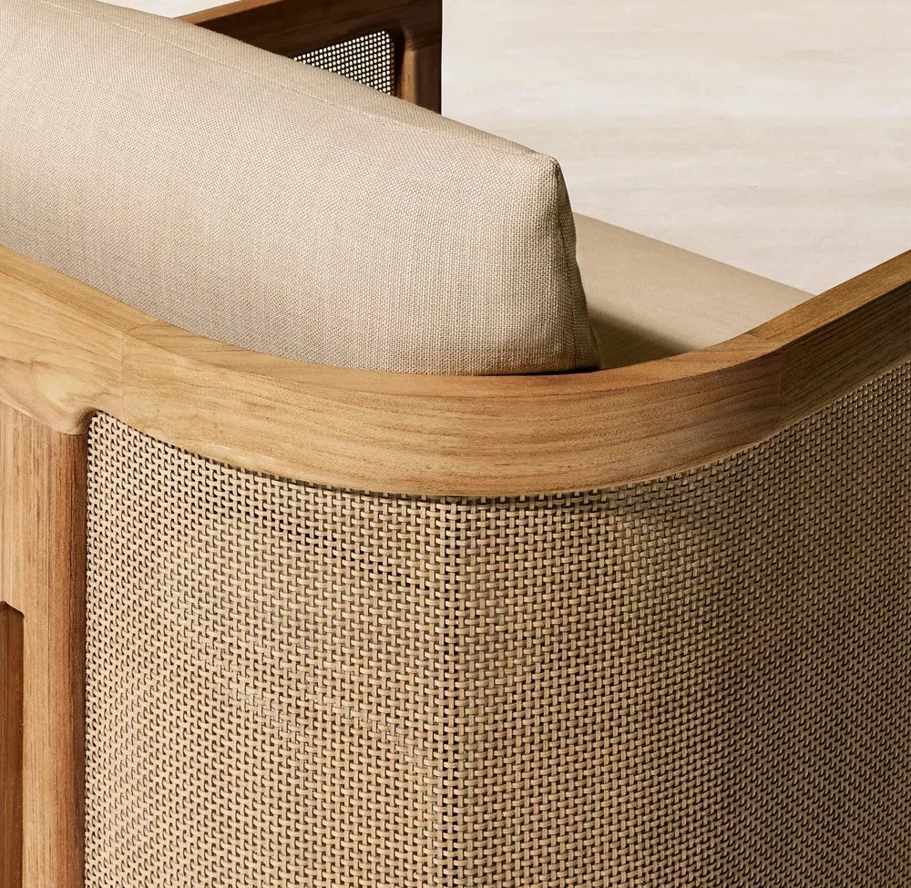 Luxury Cane Panel Back Teak Wood Lounge Chair Outdoor Swivel Teak Chair Furniture