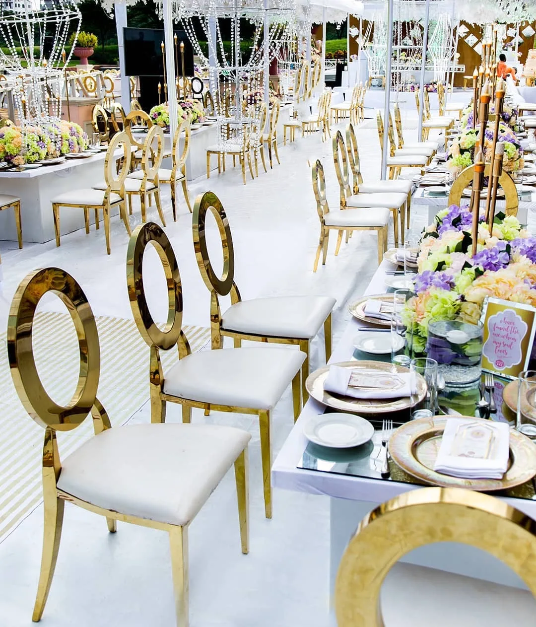 Round Back Stainless Steel Leg Gold Wedding Chairs for Rental and Wholesale