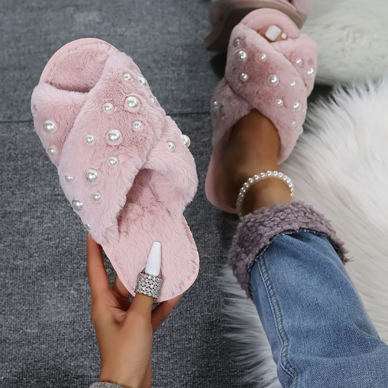 Women Fluffy Slippers Summer 2023 Warm Faux Fur Cross Flip Flops Indoor Pearl Floor Slides Soft Flat Furry Sandals