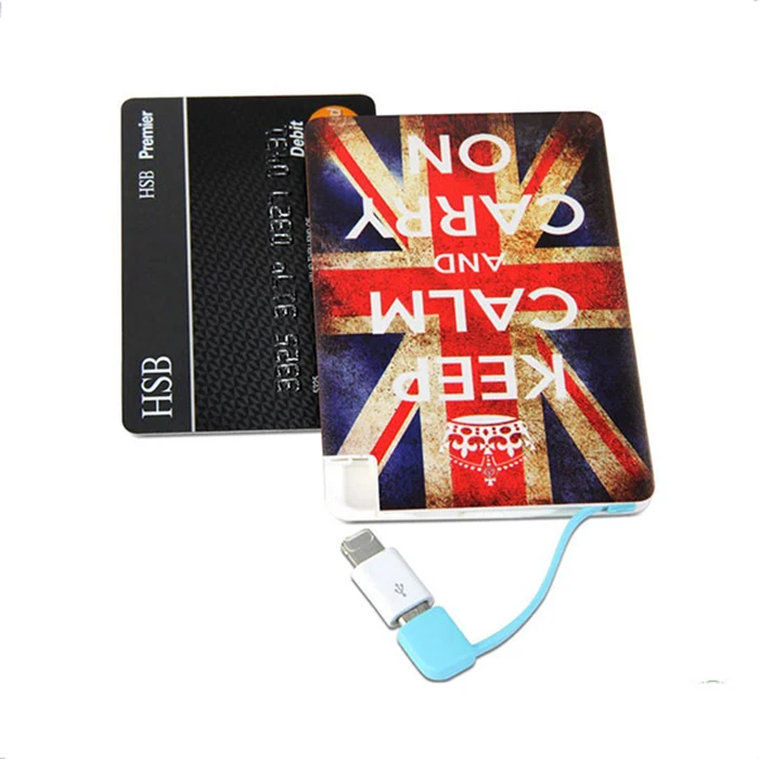 Promotional gift 2600mAh Mini powerbank Slim Card phone charger portable adapter power bank with full color printing