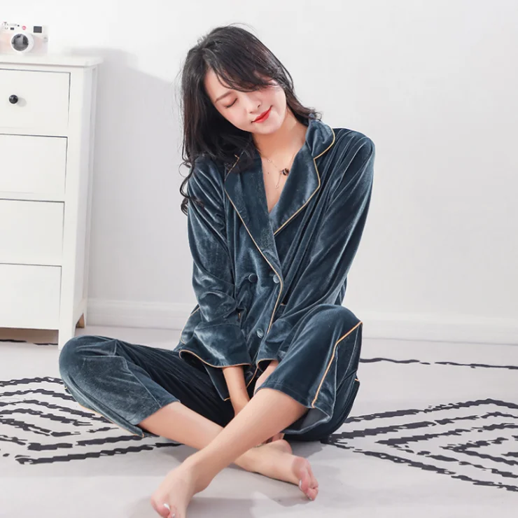 Velvet Pajamas Women Suit Long-sleeved Two-piece Plus Size Pajamas Sleepwear for Women Women Sexy Nightwear Robe Sets Plain Dyed