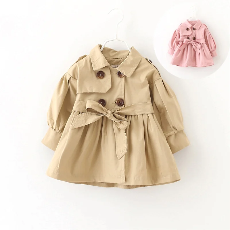 
British style Spring and Autumn Infant Child Solid Color Tops Baby Girl jacket Belt Waist Windbreaker Baby Trench Coat 