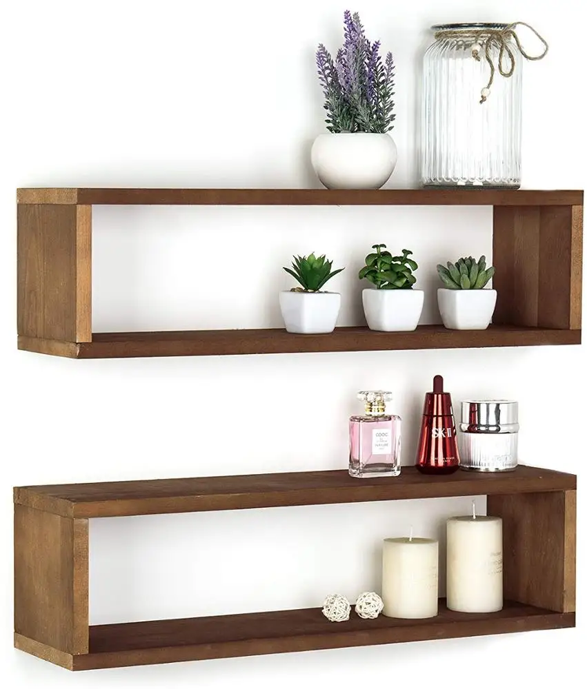 
24-Inch Natural Wood Finish Wood Wall Mounted Floating Shelf, Rectangular Display Shadow Boxes Set of 2 