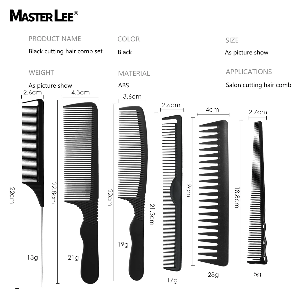 Masterlee Factory Wholesale ABS and alloy material carbon static free 6 pcs black hair cutting comb set with holster