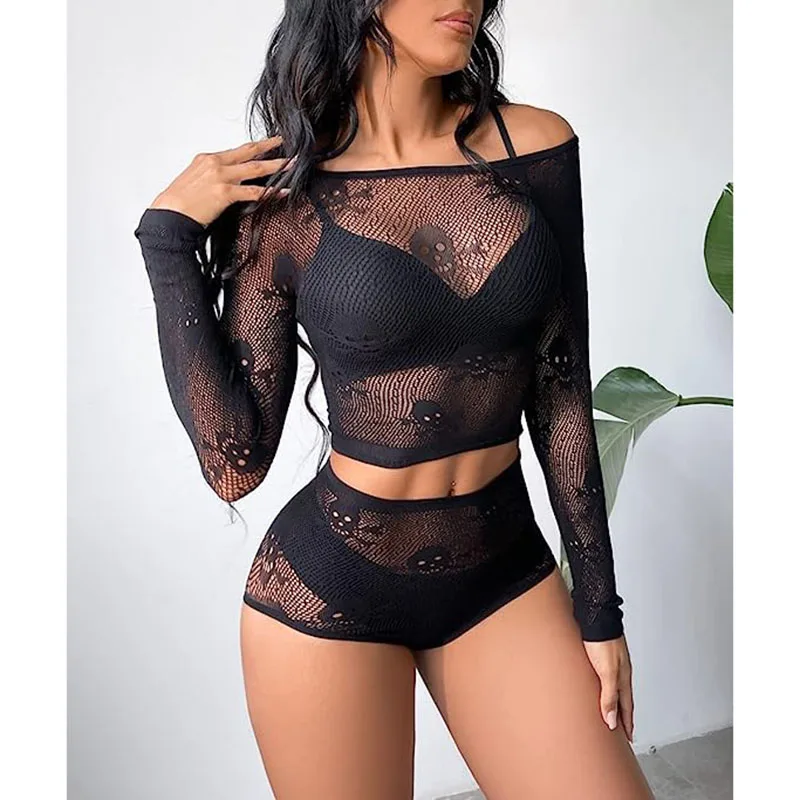 Women crop top and panties woman mesh bodysuit black color fishnet off the shoulder lingerie sets