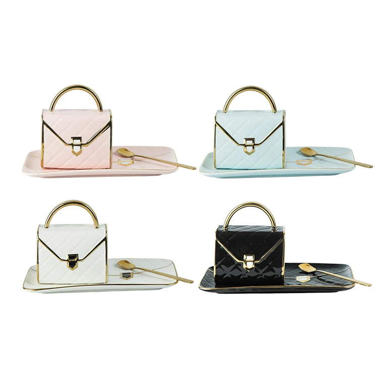 Wholesale decorative cute colorful coffee purse ceramic mug with gold handle saucer