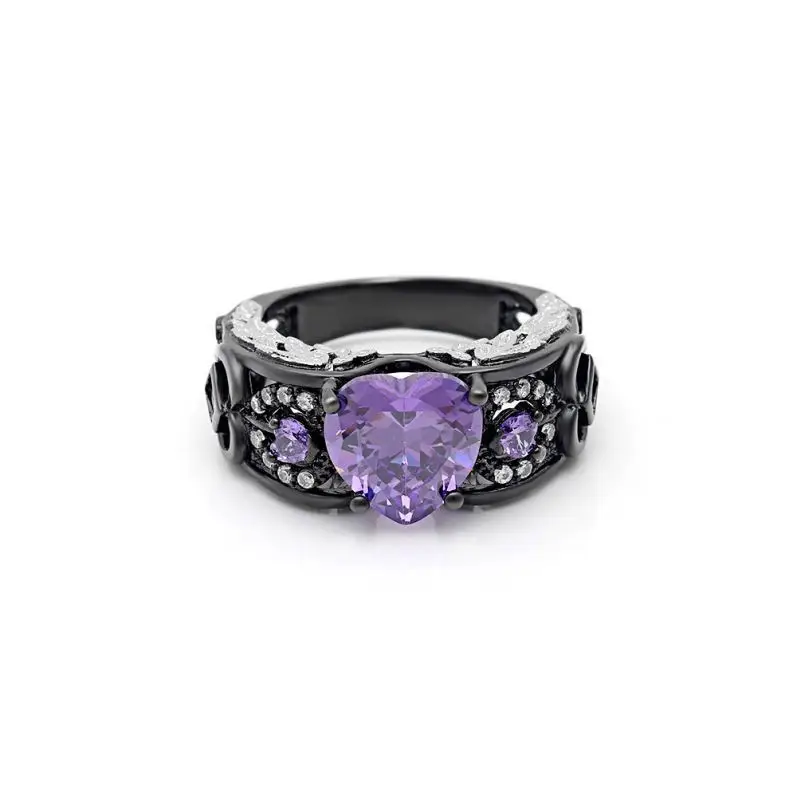 Engagement Rings For Women 2022 Black Gold Heart-Shaped Purple/Red Zircon Fashion Wedding Ring