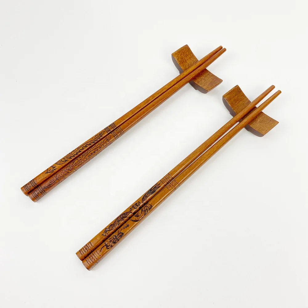 Vintage Chinese Dragon and Phoenix Pattern Natural Wood Chopsticks Couple Chopstick Set