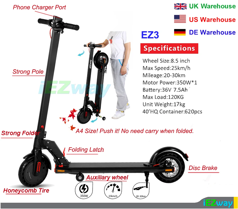 2021 iEZway Original DDP Drop Shipping USA UK EU Warehouse 300W Motor Two Wheel Foldable Adult Electric Scooter