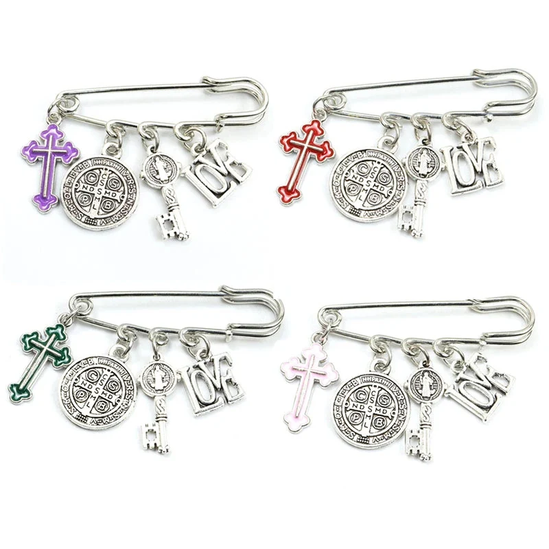 New Saint Benedict Medallion Pins Brooches Catholic San Benito I LOVE JESUS Charms Buckle Lapel Pins Handmade Lucky Jewelry Gift