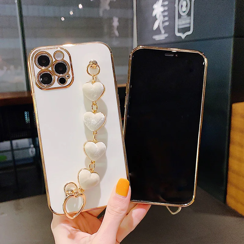 Luxury Electroplated Phone Case With Heart Wrist Strap for iPhone 14 13 12 11 Max Pro XS XR X 7 8 Plating TPU Girls Cover Case