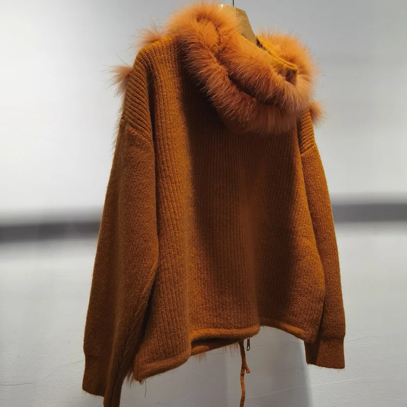 Women Autumn Real Fox Fur Trim Knitted Hooded Cardigans Female Long Sleeve Loose Sweater With Hood Plus Size Open Stitch
