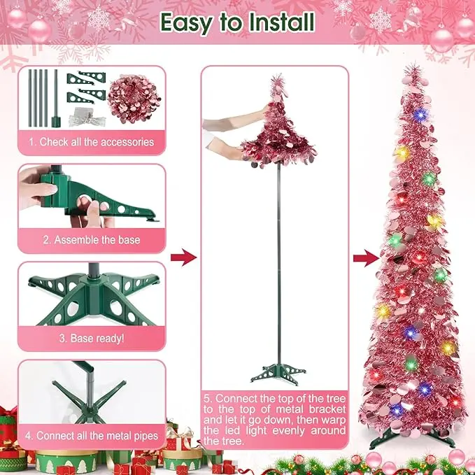 Ourwarm New Arrival PVC Flocked Snowflake Foldable Telescopic Christmas Tree Pop-up LED Christmas Tree