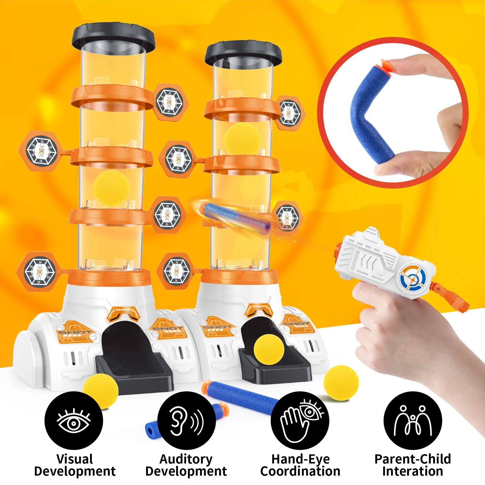 Double Cylinder Shooting Game Electric Soft Bullet Eva Balls Blaster Gun With Moving Target Toy