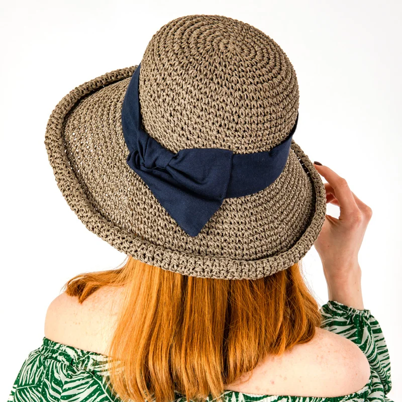 Customized Woman Wide Black Paper Ladies paper Beach Hats Paper Straw Hat Summer Floppy Straw Hat with Shoulder Straw Bag Set