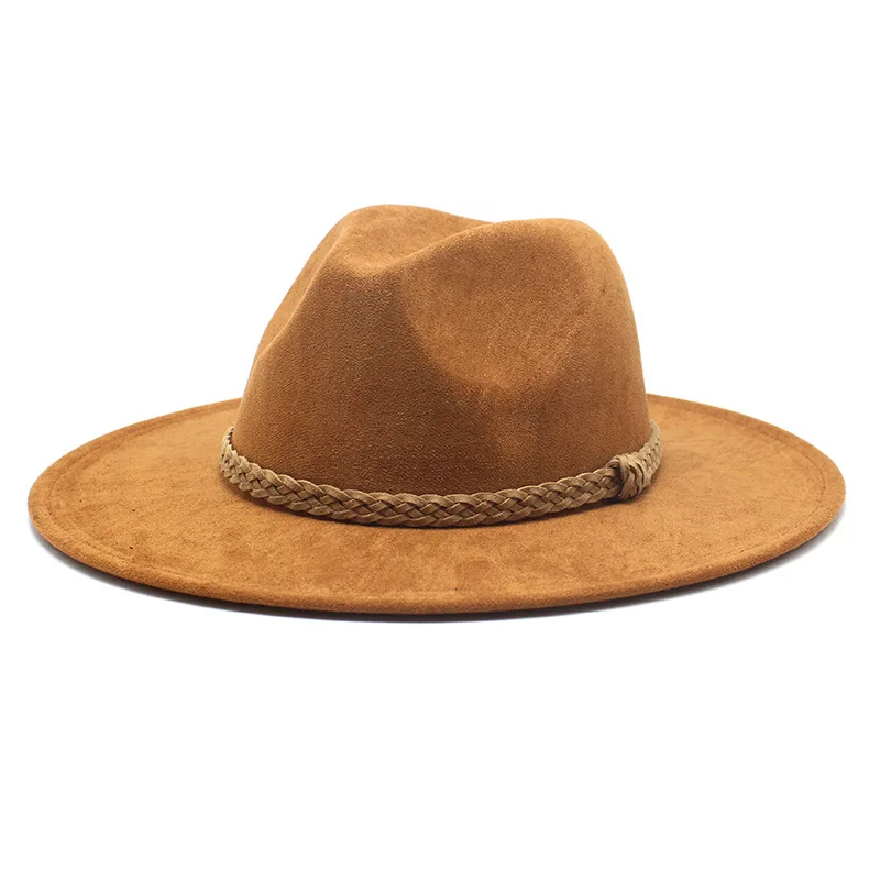 2022 Manufacturers New High Quality Western Style Sunshade Wide Flat Brim Suede Fedora Hats with Braided  Rope Decoration