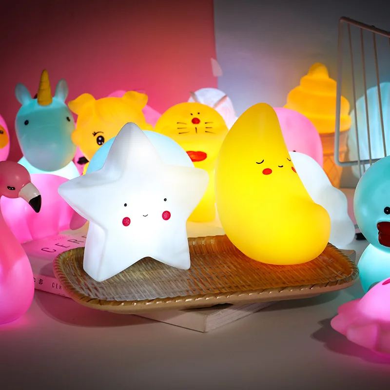 Hot Sale Cartoon Animal Vinyl Led Night Light Toys for Kids Sleeping Cute Mini Unicorn Moon Star Table Lamp Fruit Desk Lamp