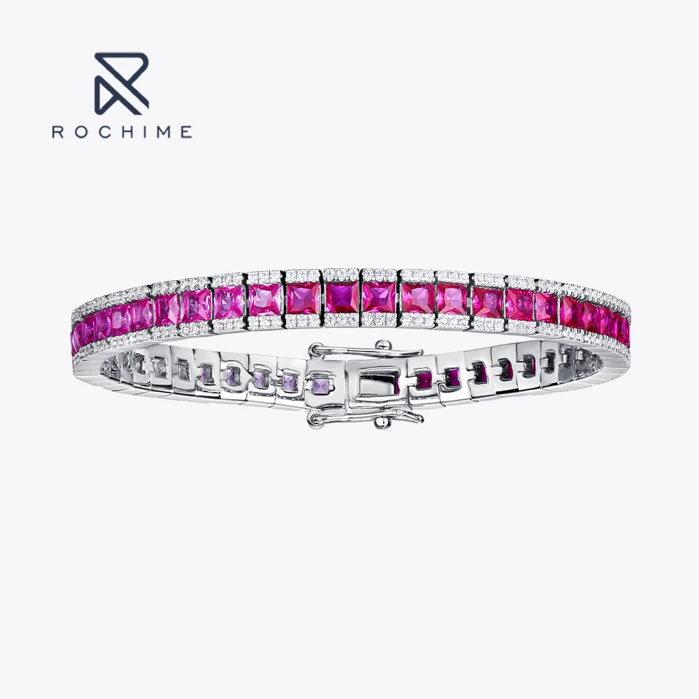 Rochime fashion red ruby gradient color synthetic  bangle bracelet 925 sterling silver gold plated fine jewelry for women