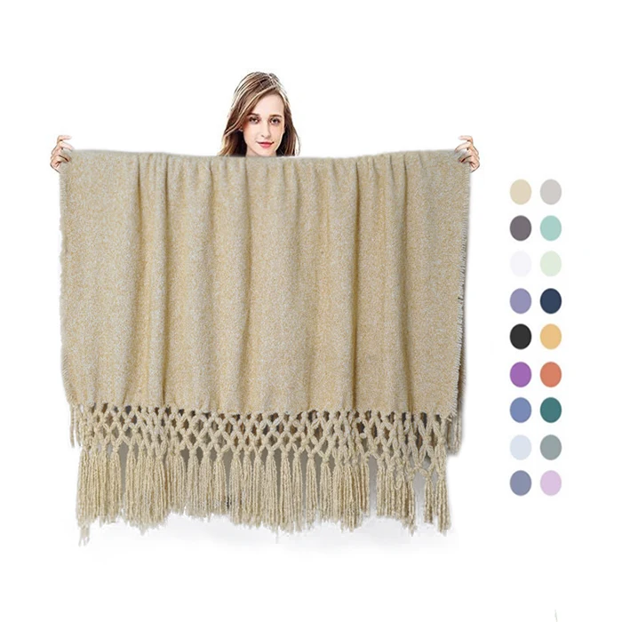 Hollow out Thick Custom Solid Polyester Woven Throw Blanket With Fringe Brown Home Decor