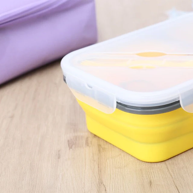 2 Compartments Silicone Bento Lunch Box Collapsible Food Storage Containers Portable Lunch Boxes With Fork and Spoon For Kids