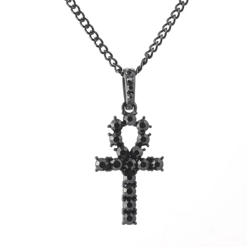 Silver Color Mens Hop Iced Out Gold Rhinestone Key of Life Egypt Cross Pendant Tennis Chain Crystal Necklace for Men