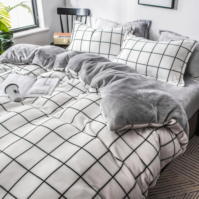 
Double Custom Waffle Hemp Satin Plaid Flannel Bedding Duvet Cover Set 
