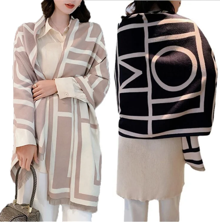 Hot selling winter pashmina scarf double-sided letter printing warm soft cashmere shawl